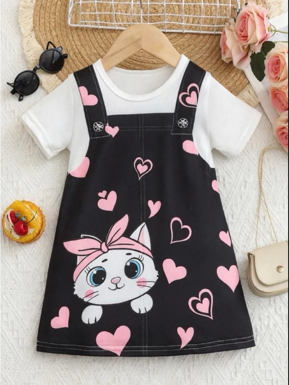 Girls Black & Pink Heart Cat Pinafore Dress with White Tee